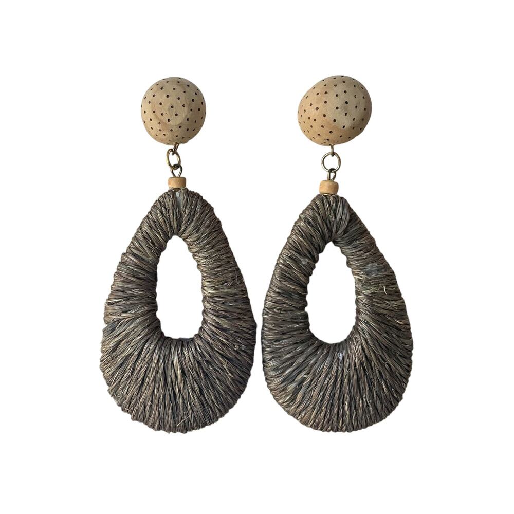 1990s Raffia and Cork Teardrop Dangle Bohemian Vintage Statement Clip Earrings